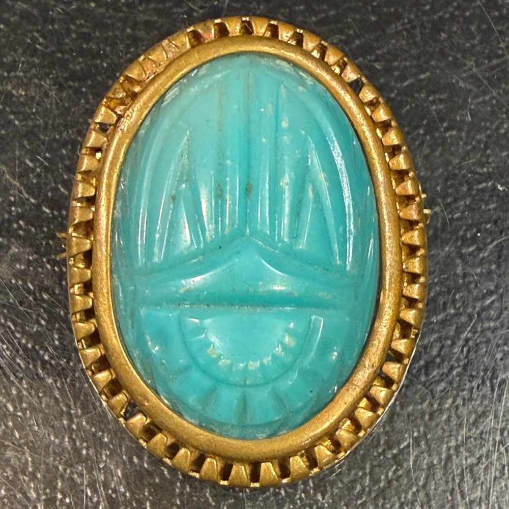 Antique Egyptian Revival Scarab Brooch Turquoise Molded Glass Brass C-Clasp Pin